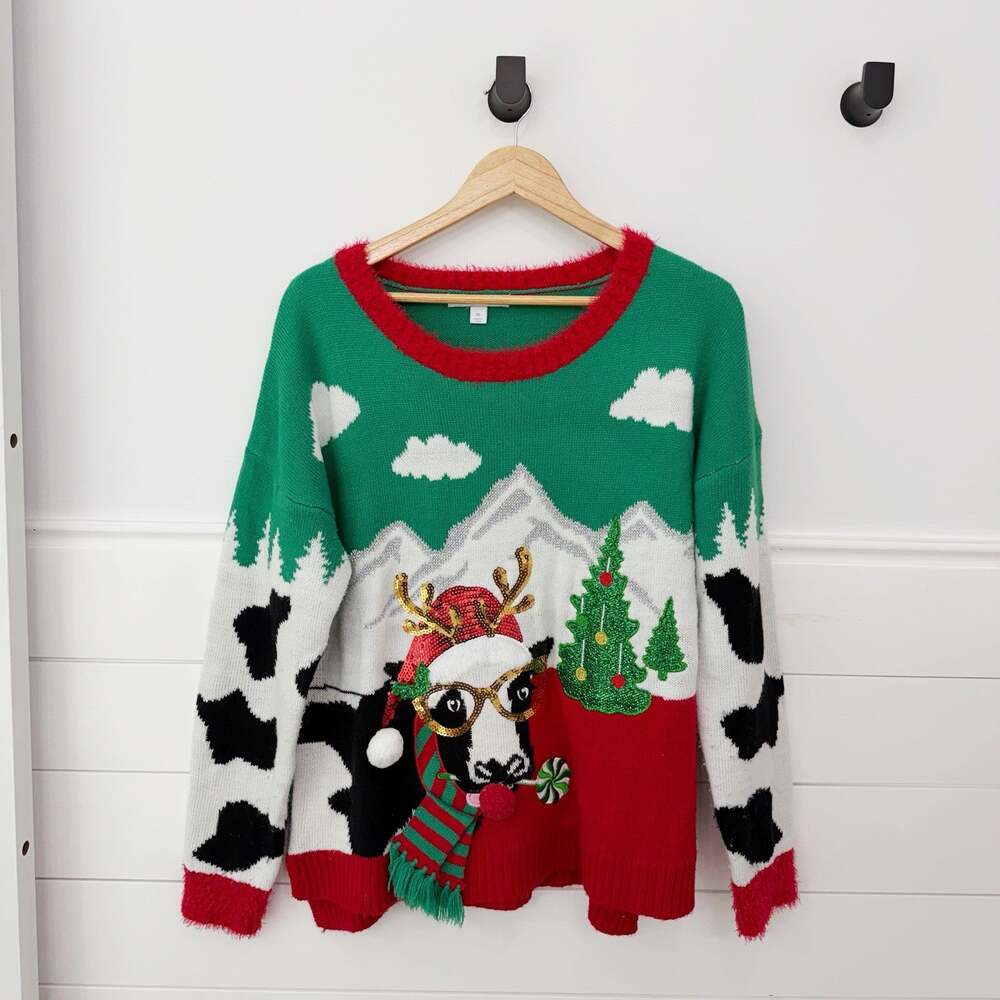 Women’s Celebrate Together Knit Christmas Cow Ugly Christmas Holiday Sweater XL